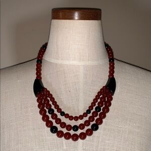 Vintage Carnelian Red and Black 3 Layered Beaded Necklace